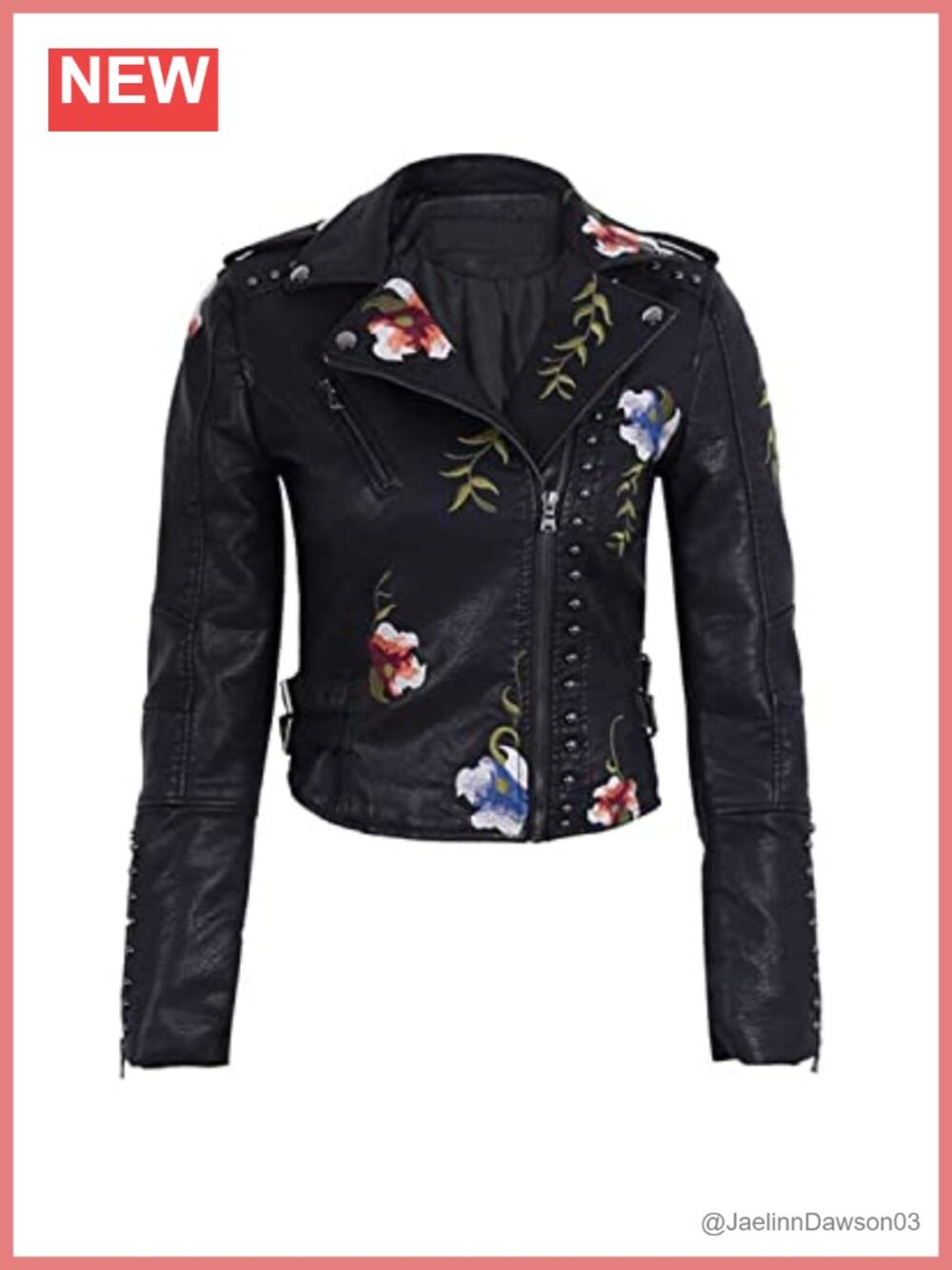 Women's Embroidered Studded Faux Leather Moto Punk Floral Jacket